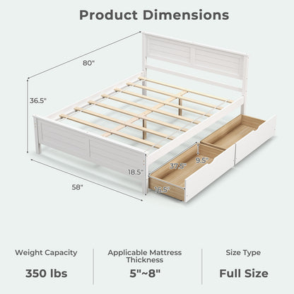 Full Size Bed Frame with Storage Drawers and Solid Wood Headboard, White Simple Bed Frame   at Gallery Canada