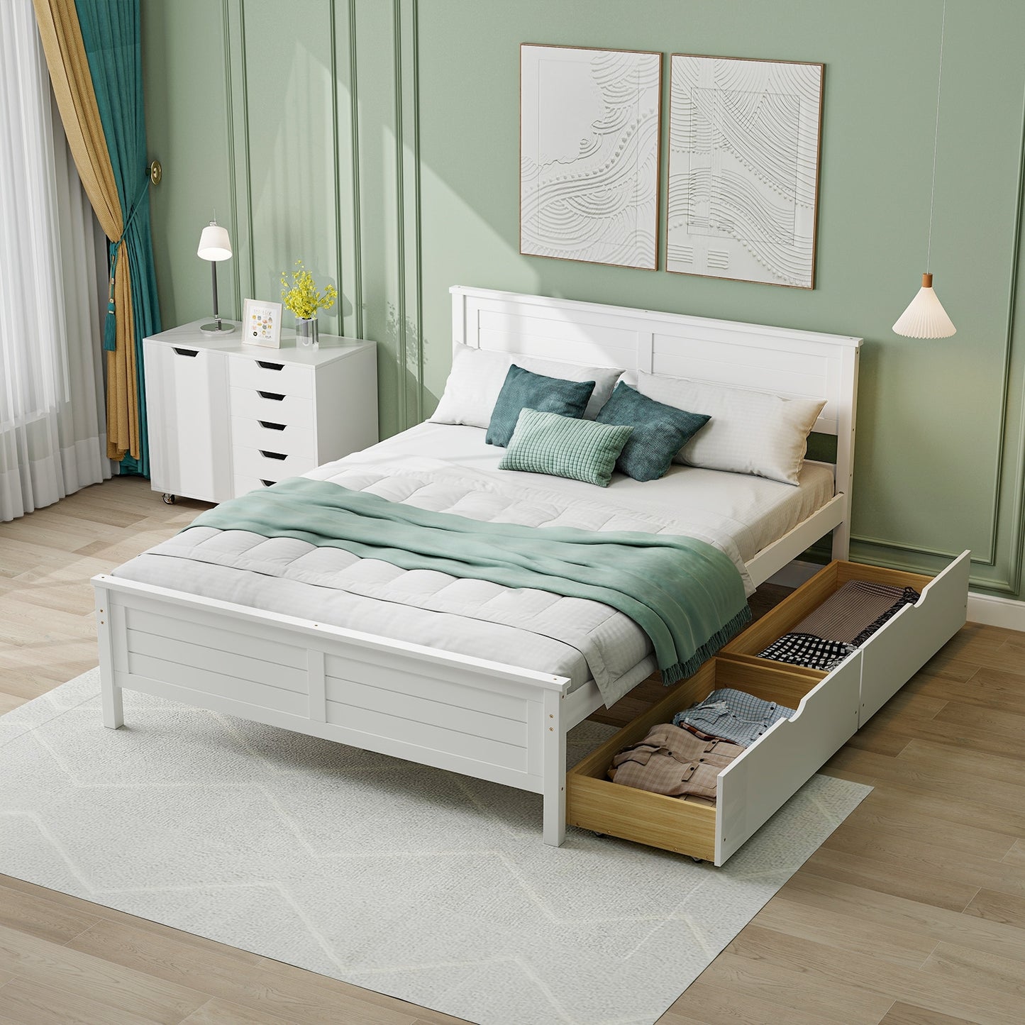 Full Size Bed Frame with Storage Drawers and Solid Wood Headboard, White Simple Bed Frame   at Gallery Canada