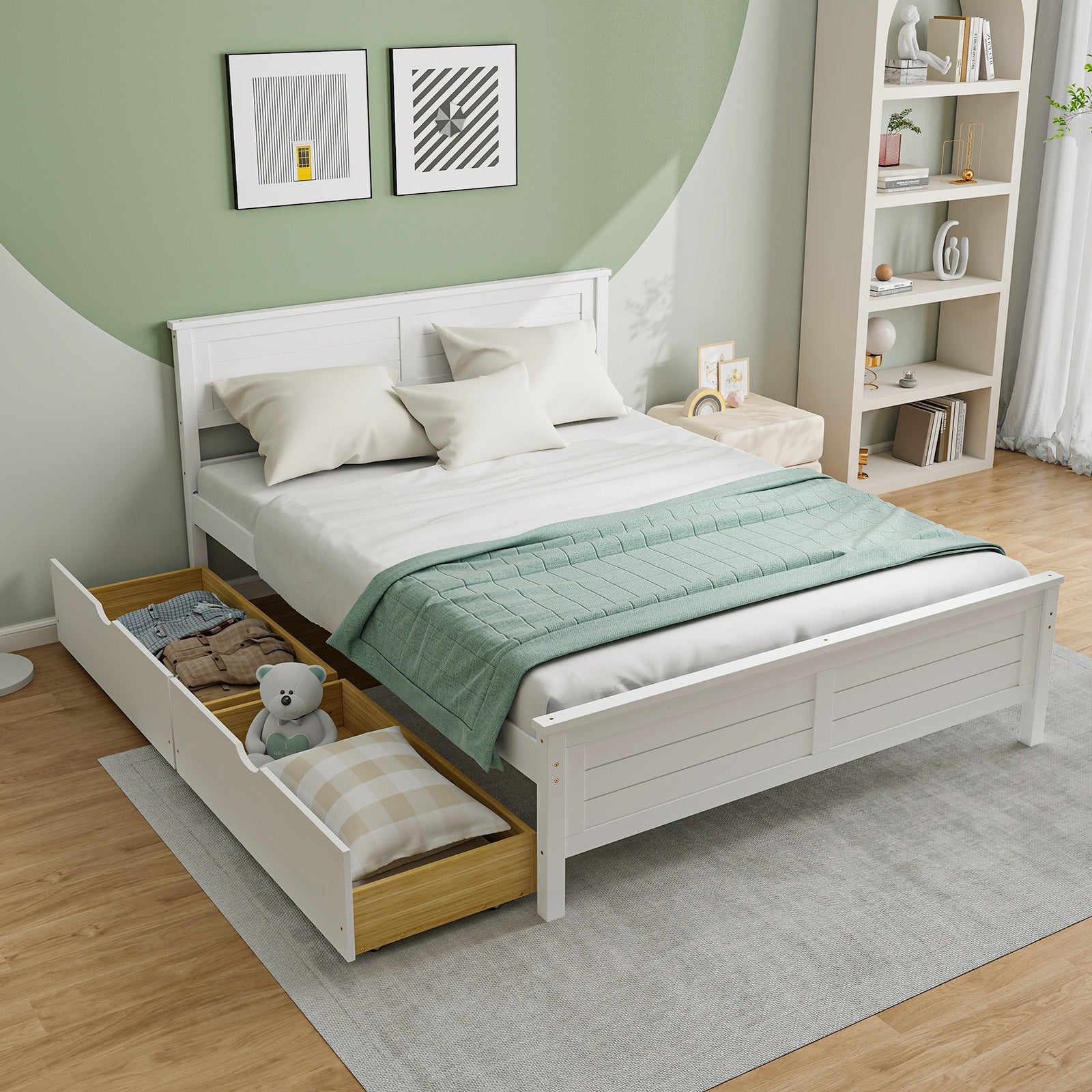 Full Size Bed Frame with Storage Drawers and Solid Wood Headboard, White Simple Bed Frame   at Gallery Canada