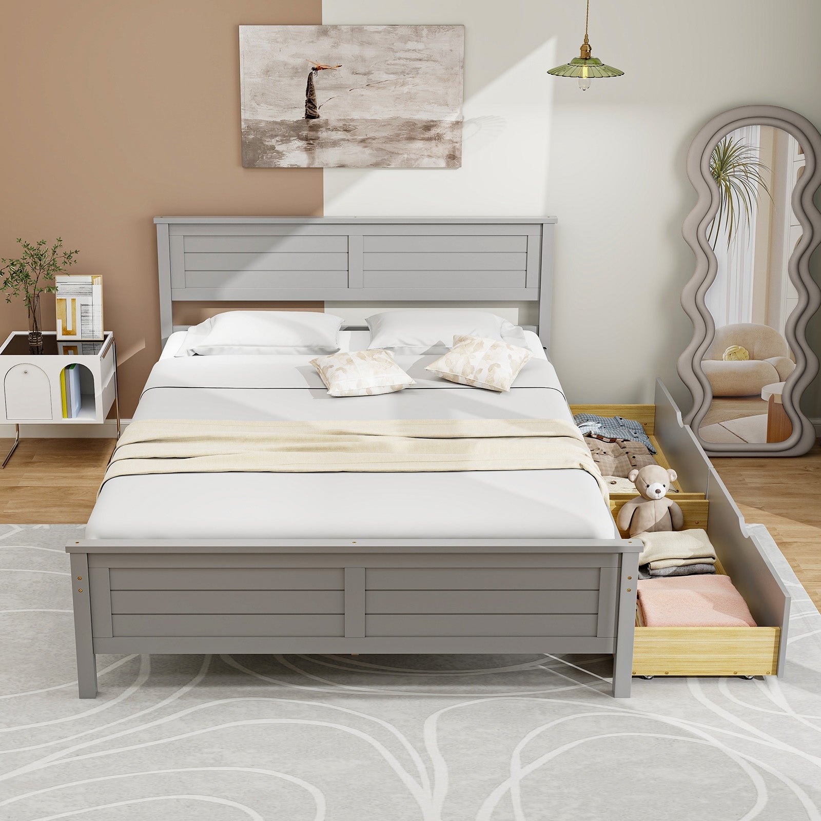 Full Size Bed Frame with Storage Drawers and Solid Wood Headboard, Gray Simple Bed Frame   at Gallery Canada