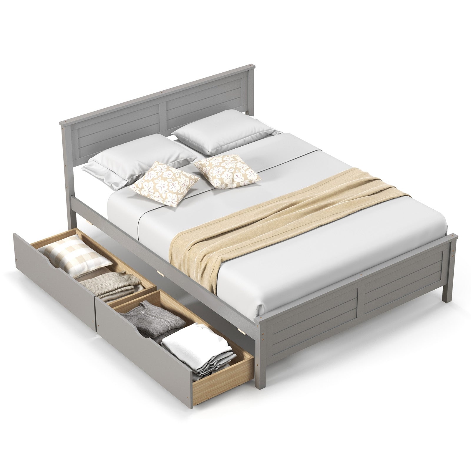 Full Size Bed Frame with Storage Drawers and Solid Wood Headboard, Gray Simple Bed Frame Gray  at Gallery Canada