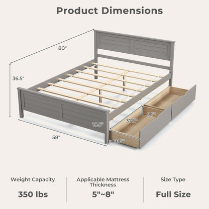 Full Size Bed Frame with Storage Drawers and Solid Wood Headboard, Gray Simple Bed Frame   at Gallery Canada