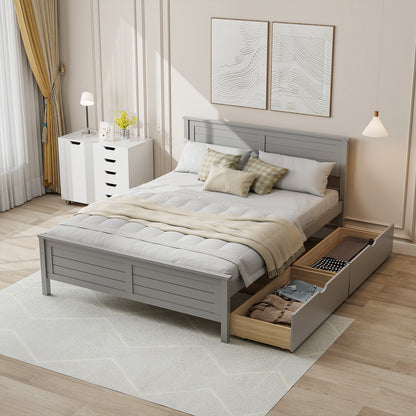 Full Size Bed Frame with Storage Drawers and Solid Wood Headboard, Gray Simple Bed Frame   at Gallery Canada