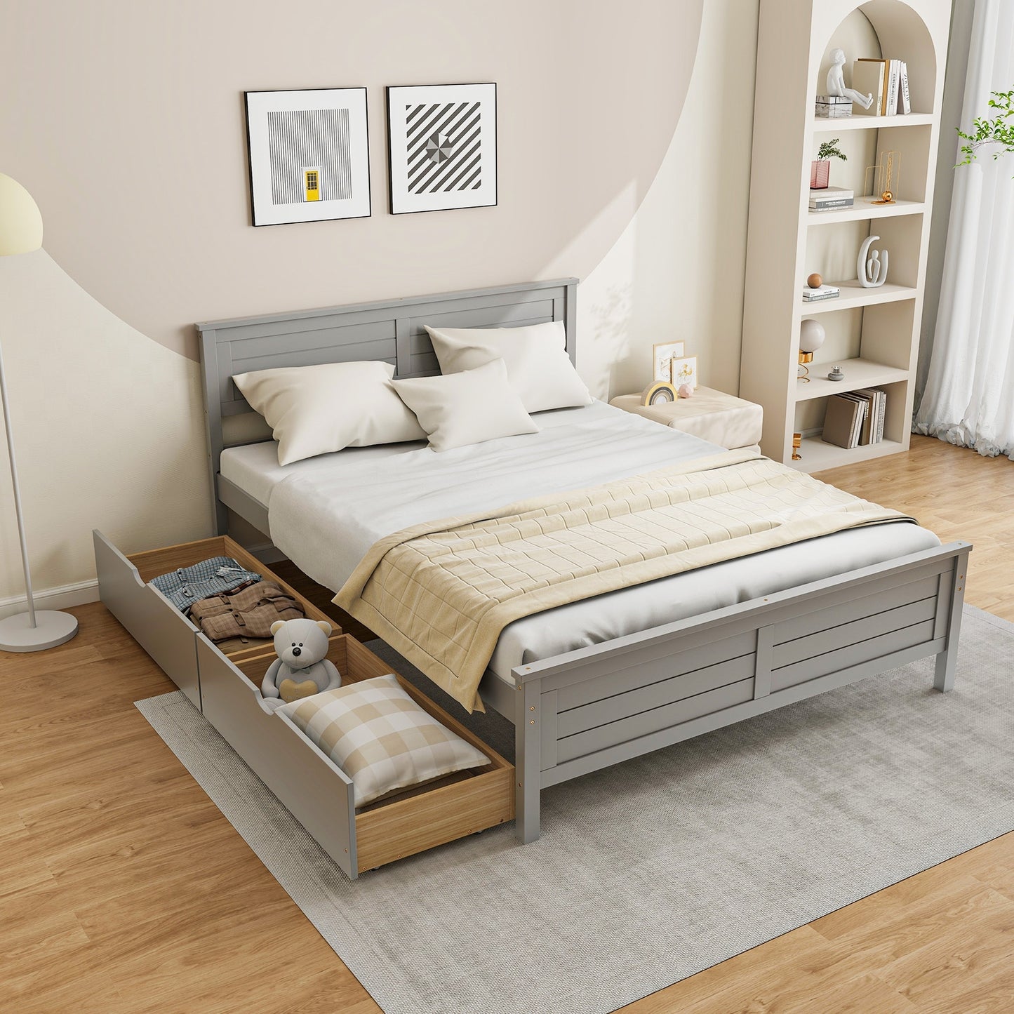 Full Size Bed Frame with Storage Drawers and Solid Wood Headboard, Gray Simple Bed Frame   at Gallery Canada