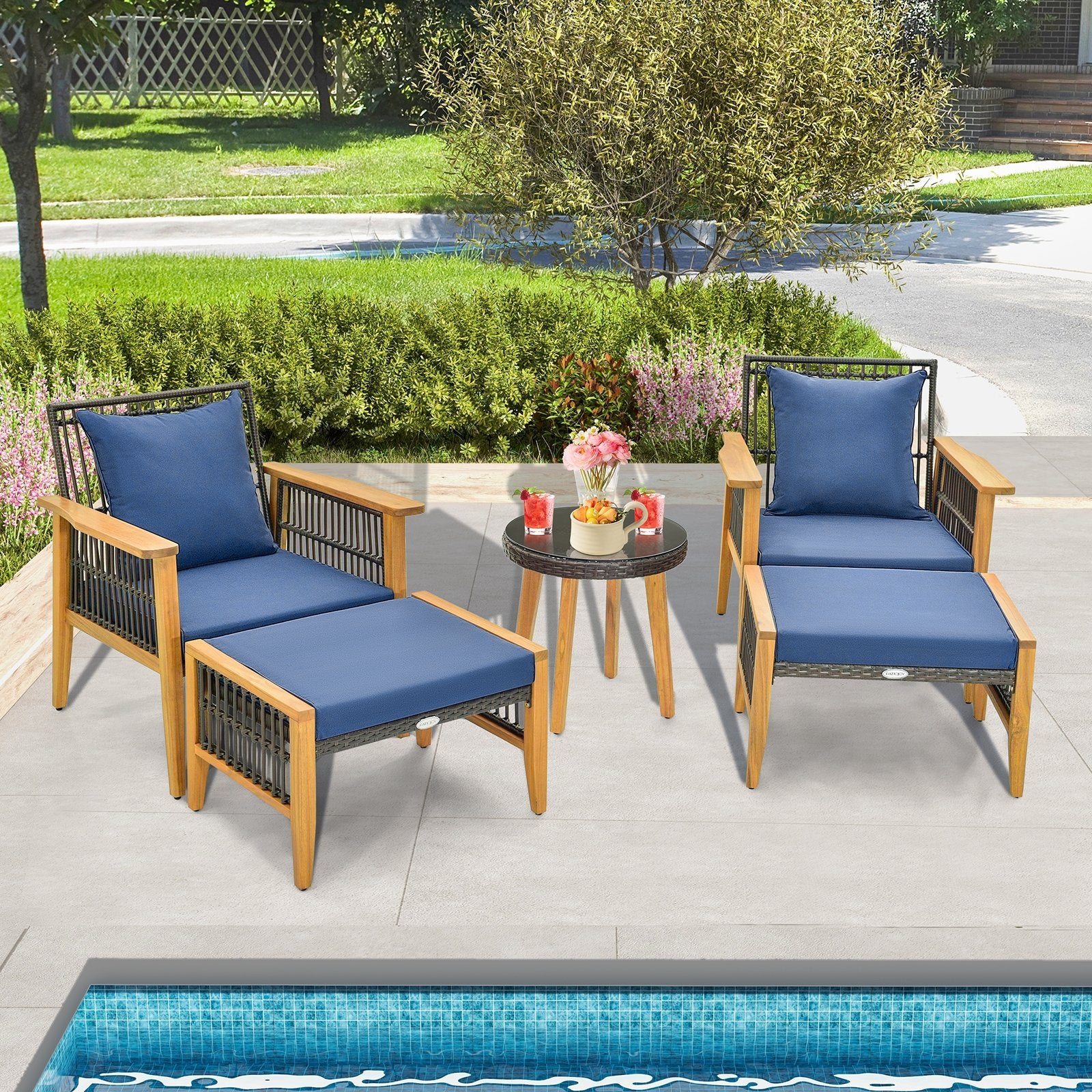 5 Piece Patio Furniture Set with Coffee Table and 2 Ottomans, Navy Patio Conversation Sets   at Gallery Canada