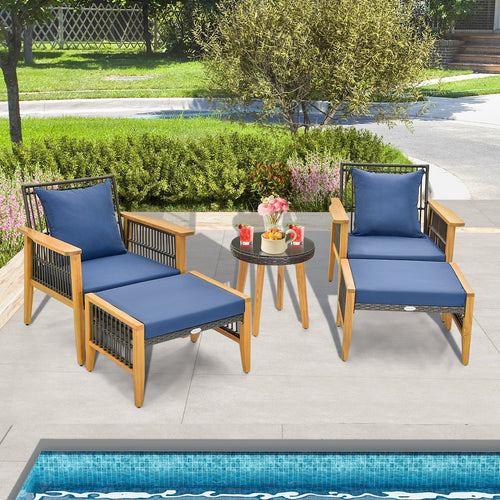 5 Piece Patio Furniture Set with Coffee Table and 2 Ottomans, Navy