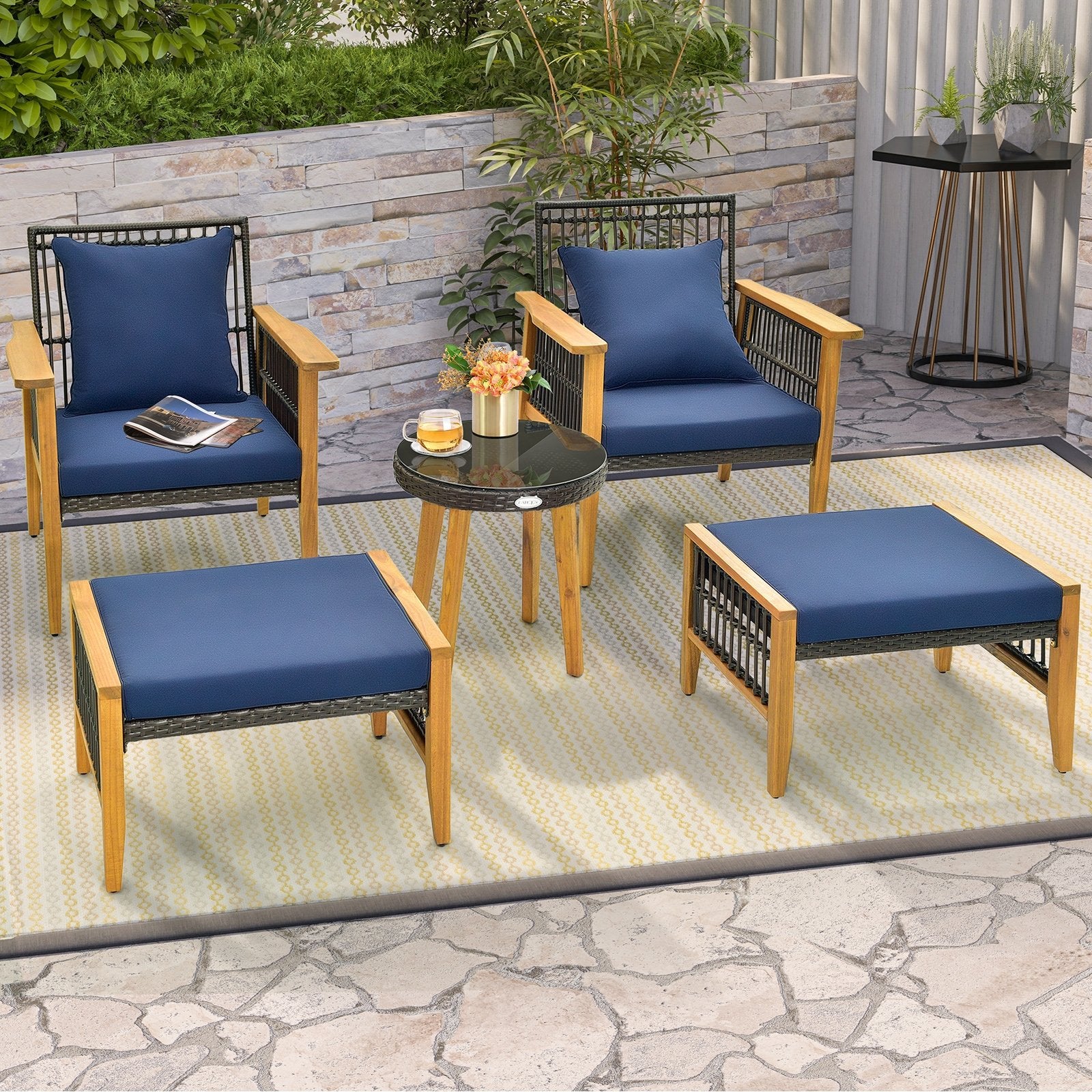 5 Piece Patio Furniture Set with Coffee Table and 2 Ottomans, Navy Patio Conversation Sets   at Gallery Canada