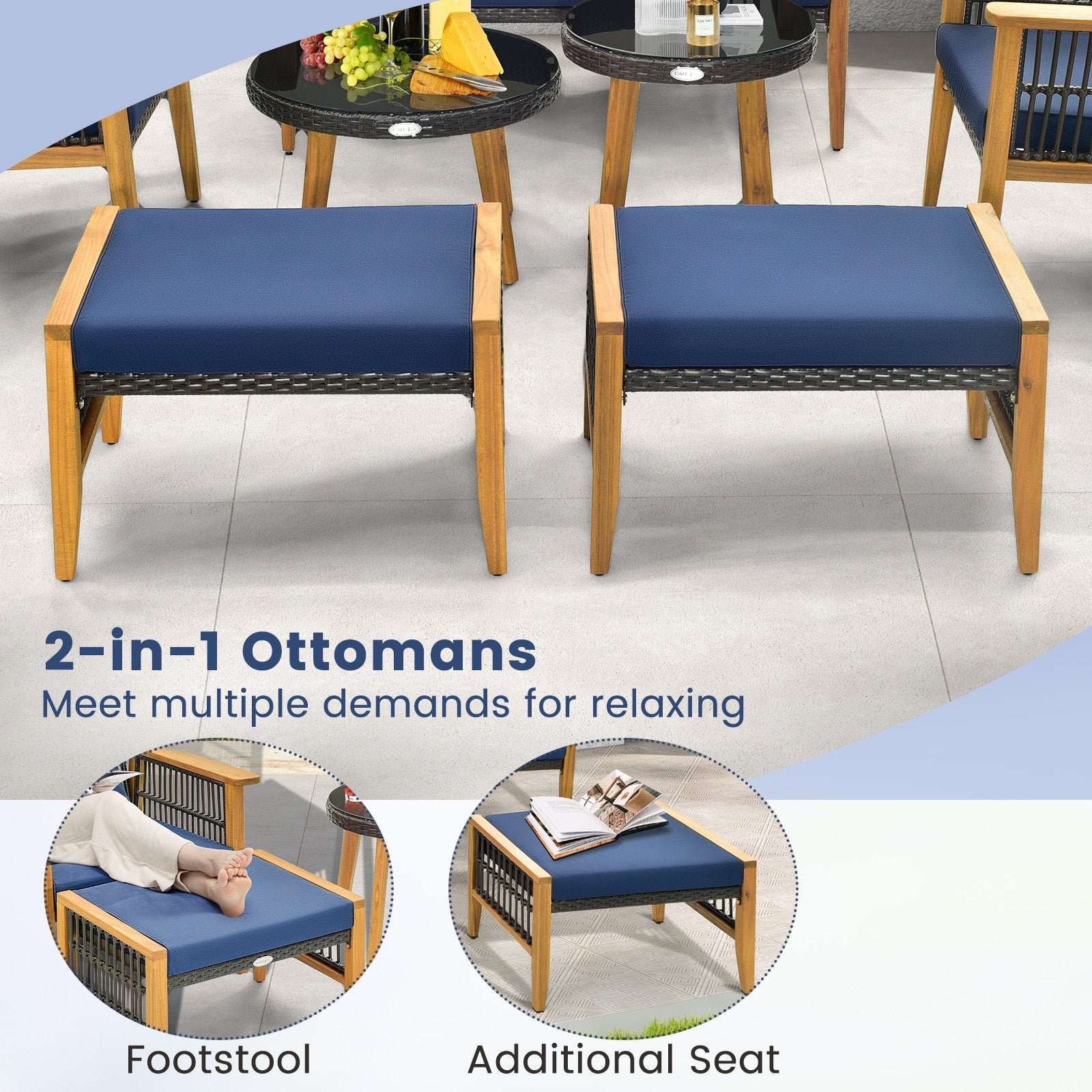 5 Piece Patio Furniture Set with Coffee Table and 2 Ottomans, Navy Patio Conversation Sets   at Gallery Canada