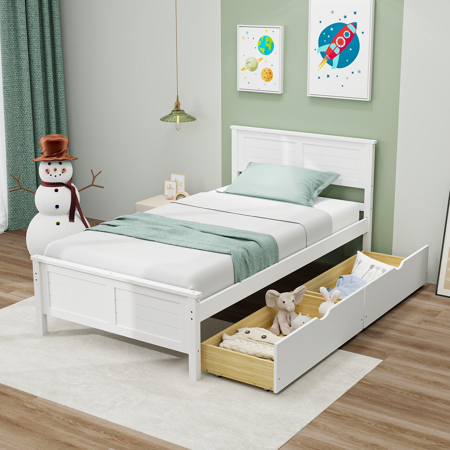 Twin Size Bed Frame with Storage Drawers, White Trundle Bed Frame   at Gallery Canada