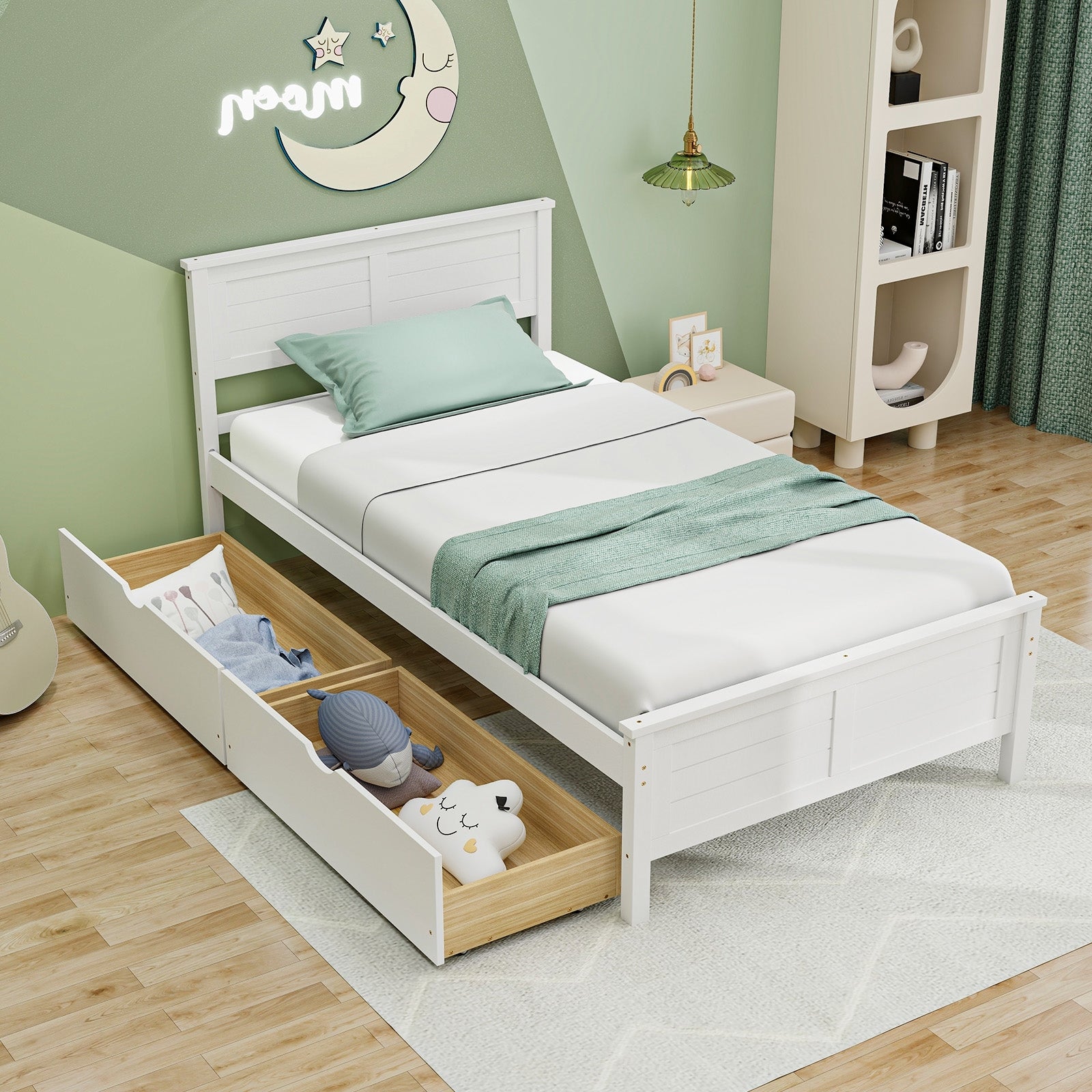 Twin Size Bed Frame with Storage Drawers, White Trundle Bed Frame   at Gallery Canada