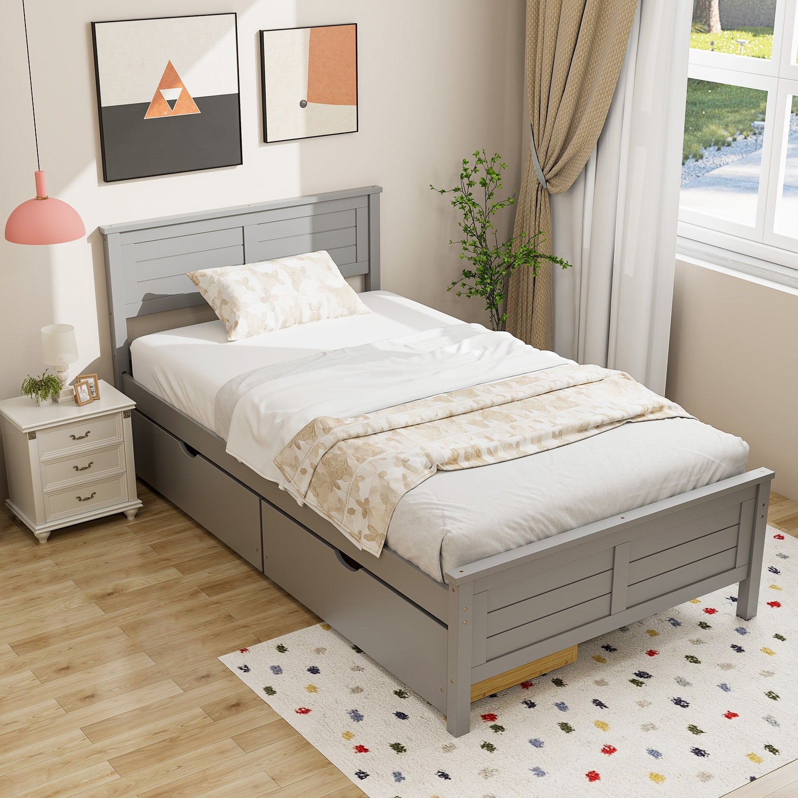 Twin Size Bed Frame with Storage Drawers, Gray Trundle Bed Frame   at Gallery Canada