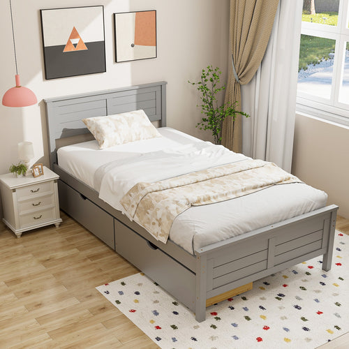 Twin Size Bed Frame with Storage Drawers, Gray