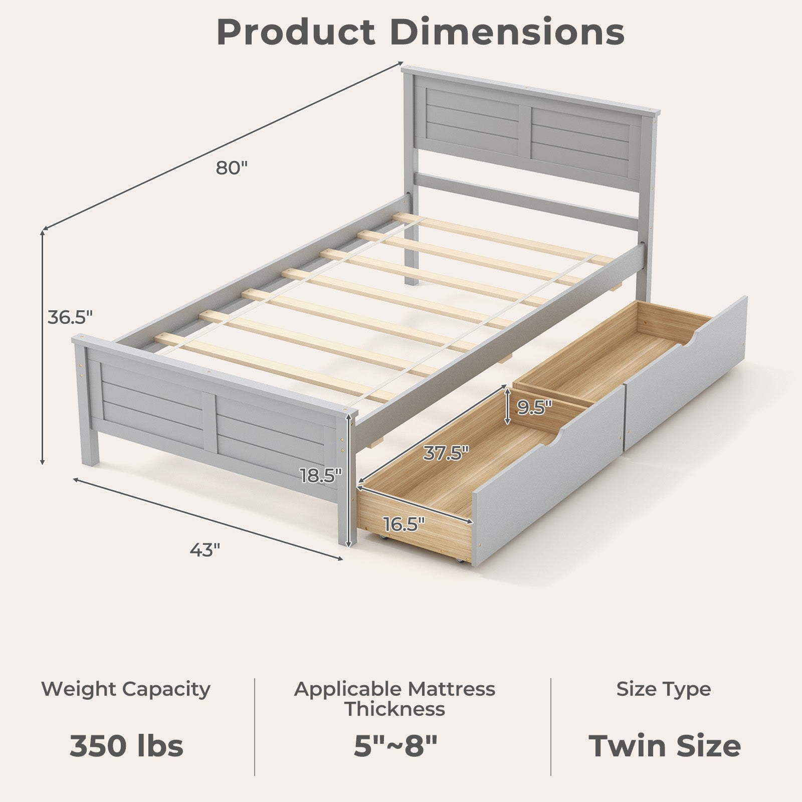 Twin Size Bed Frame with Storage Drawers, Gray Trundle Bed Frame   at Gallery Canada