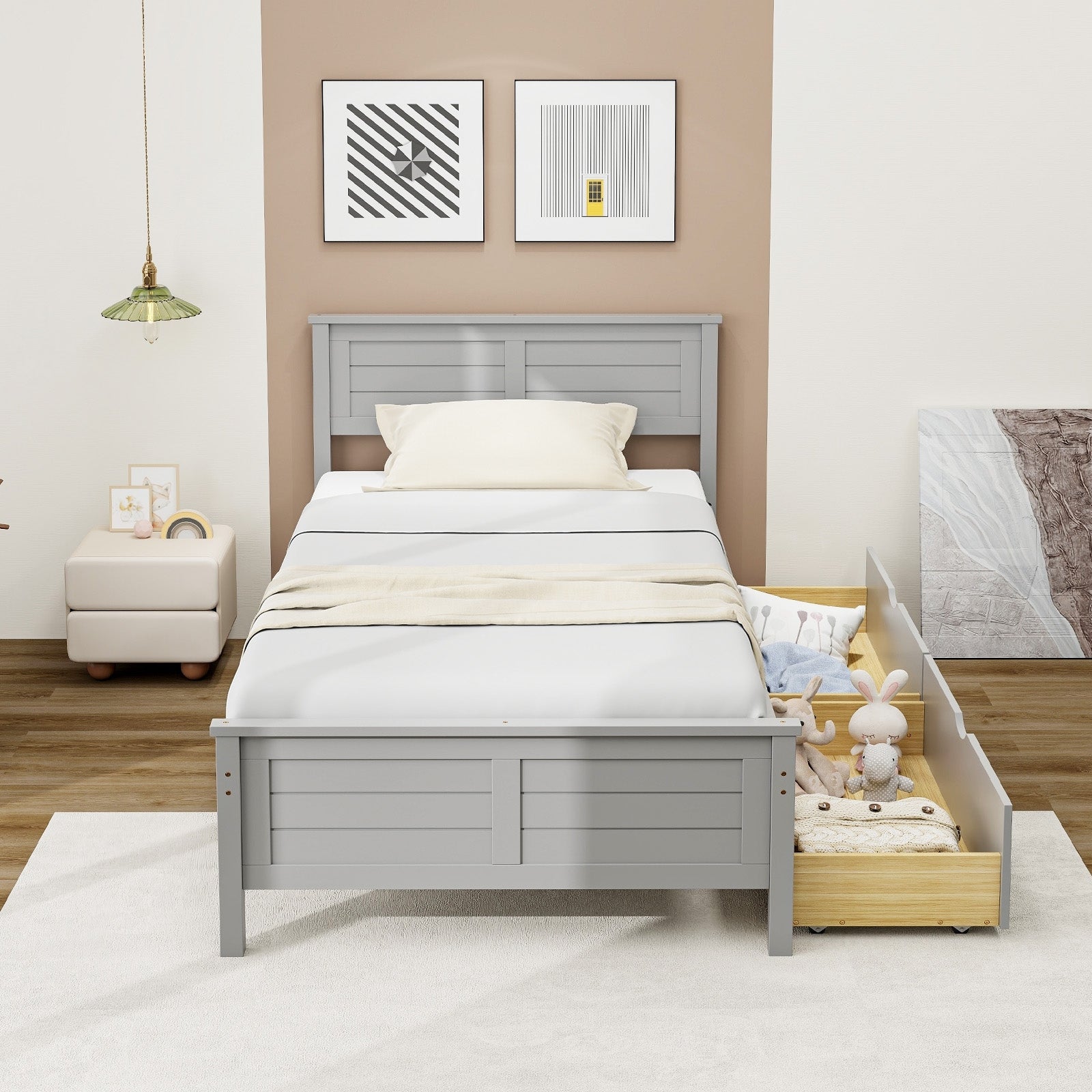 Twin Size Bed Frame with Storage Drawers, Gray Trundle Bed Frame   at Gallery Canada