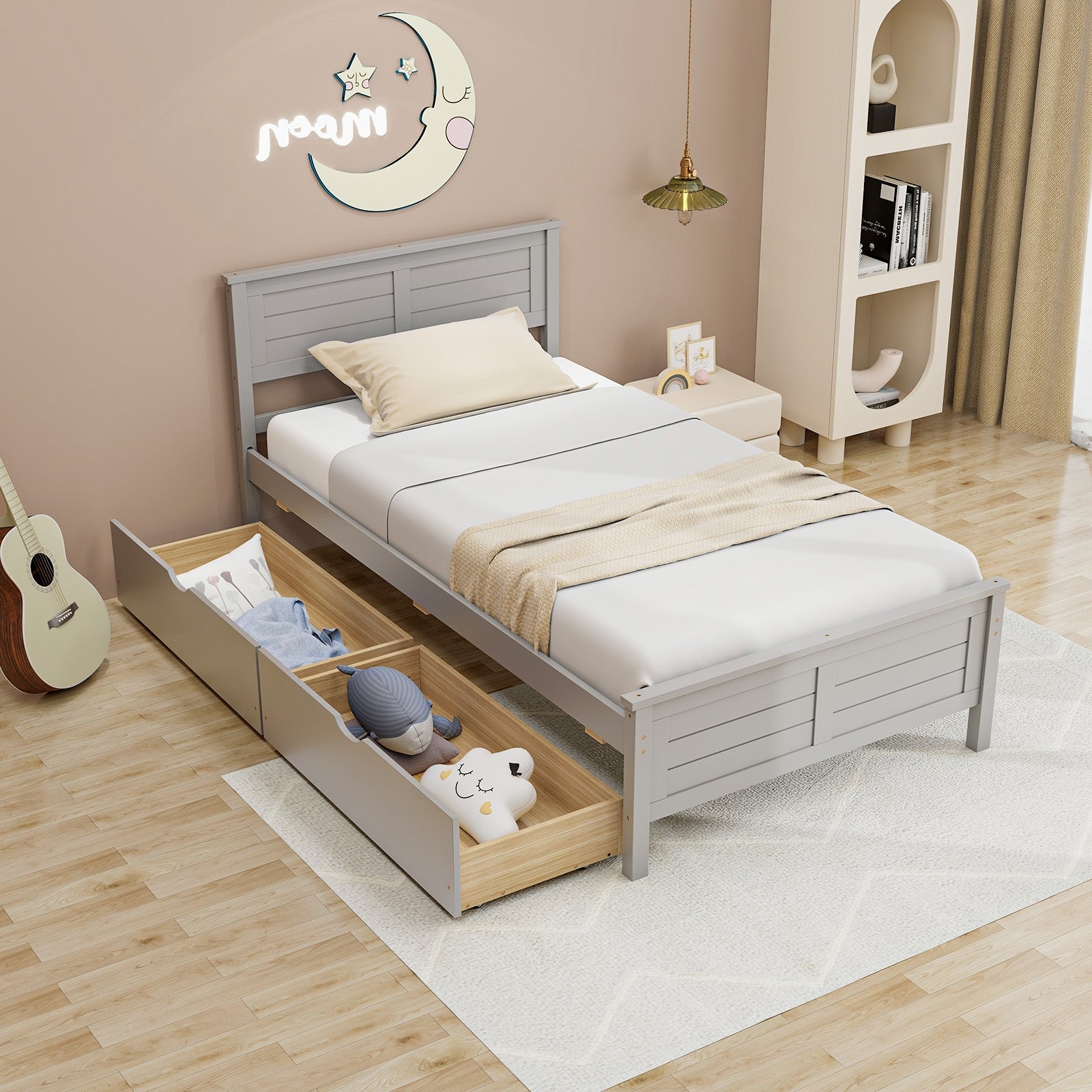 Twin Size Bed Frame with Storage Drawers, Gray Trundle Bed Frame   at Gallery Canada