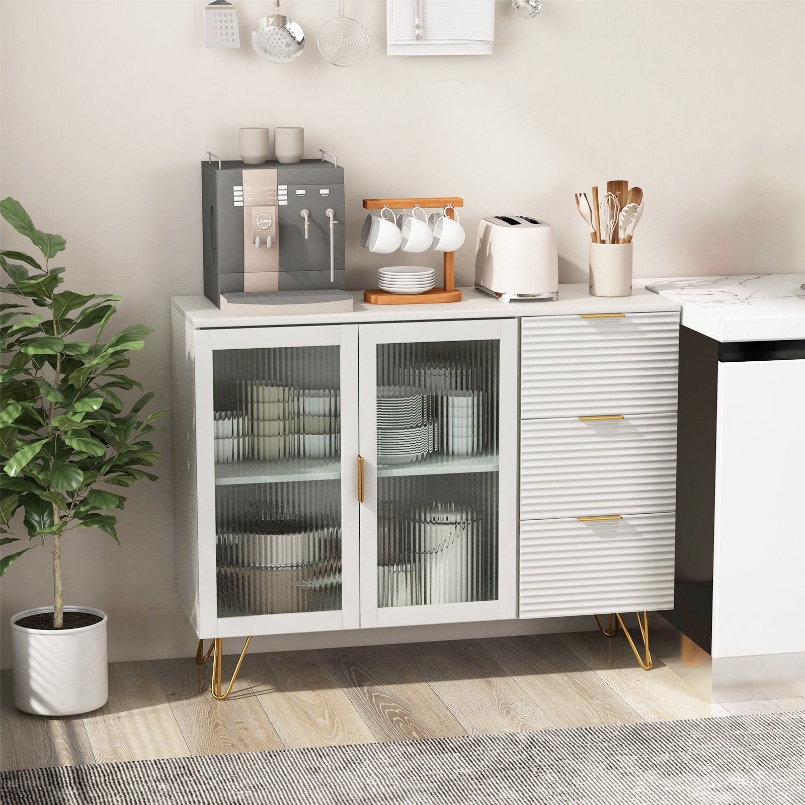 Modern Sideboard Buffet Cabinet with 2 Doors and 3 Drawers for Living Room Dining Room, White Sideboards Cabinets & Buffets   at Gallery Canada