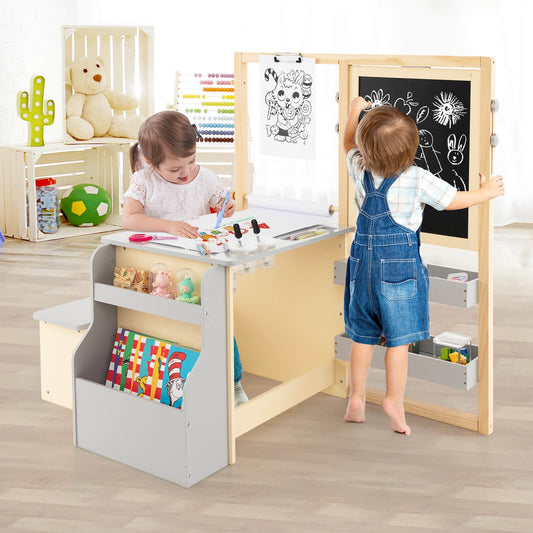 Kids Art Center Wooden Table Bench Set, Gray - Gallery Canada