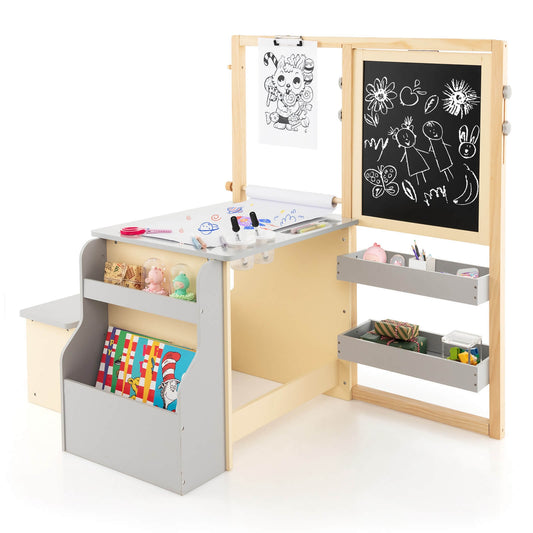 Kids Art Center Wooden Table Bench Set, Gray - Gallery Canada