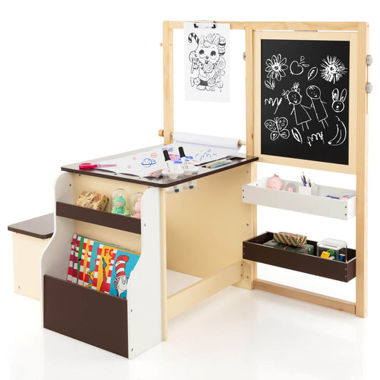 Kids Art Center Wooden Table Bench Set, Brown - Gallery Canada