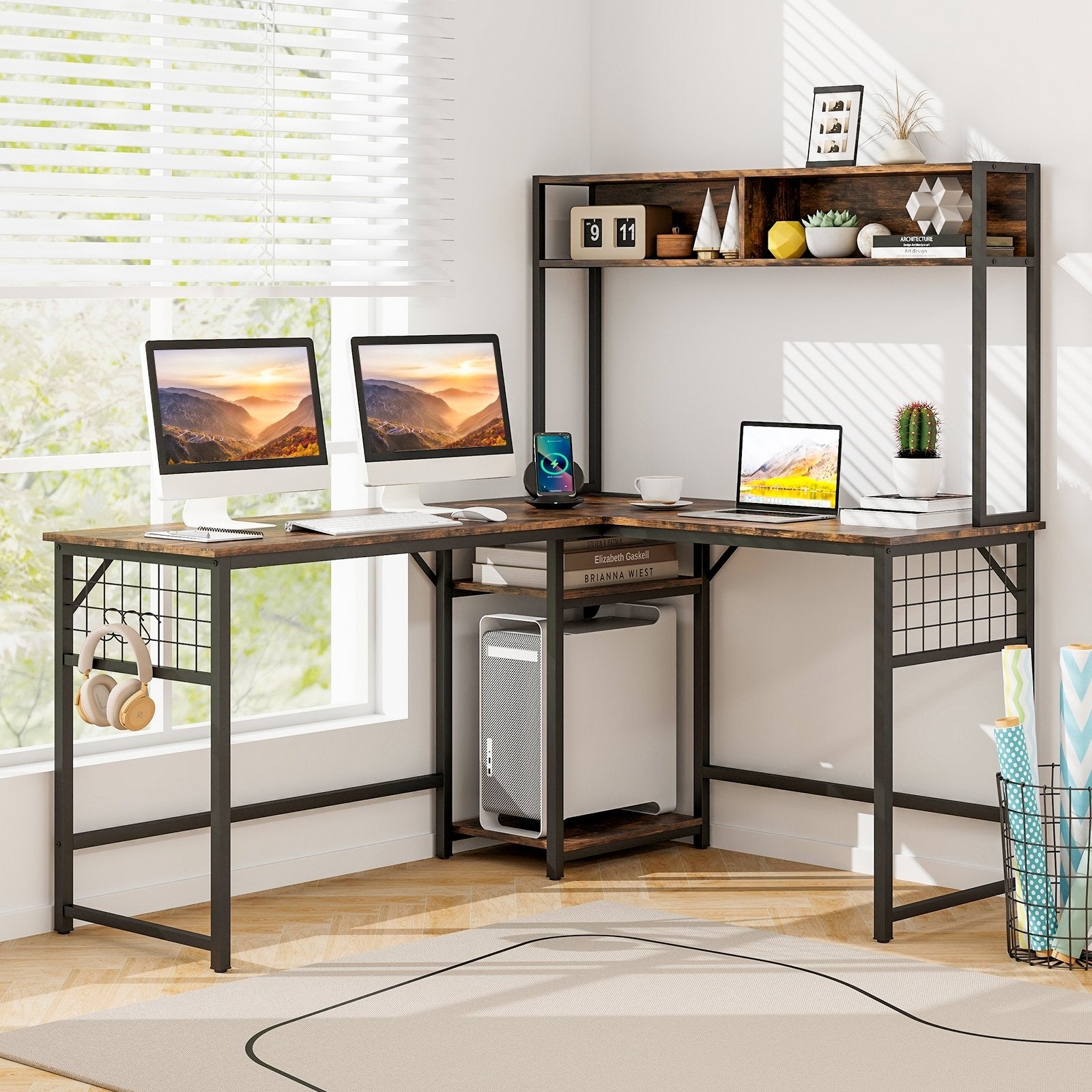 L-shaped Desk with Power Outlet Hutch, Rustic Brown L-Shaped Desks   at Gallery Canada