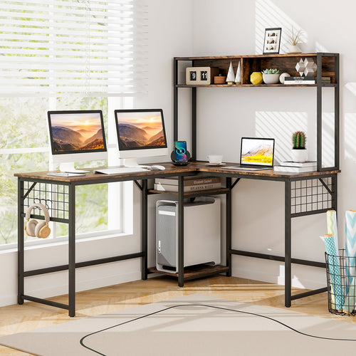 L-shaped Desk with Power Outlet Hutch, Rustic Brown