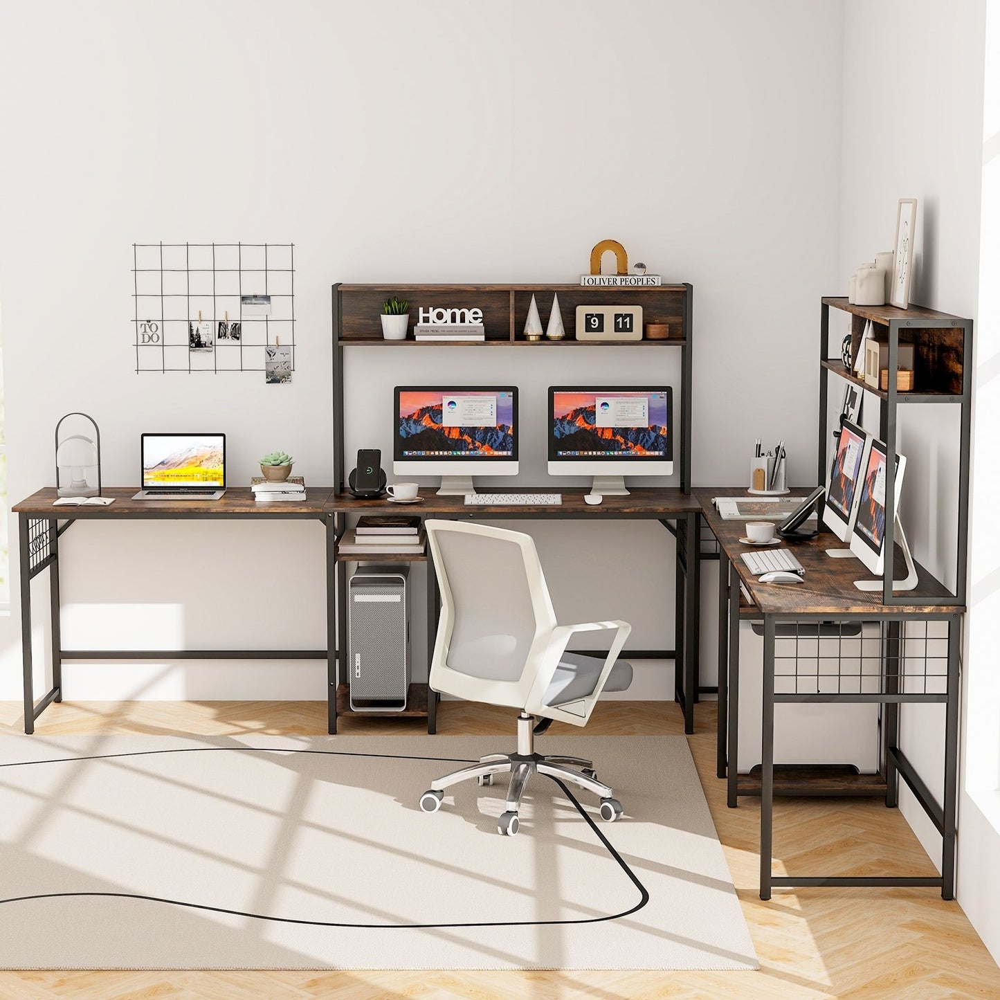 L-shaped Desk with Power Outlet Hutch, Rustic Brown L-Shaped Desks   at Gallery Canada