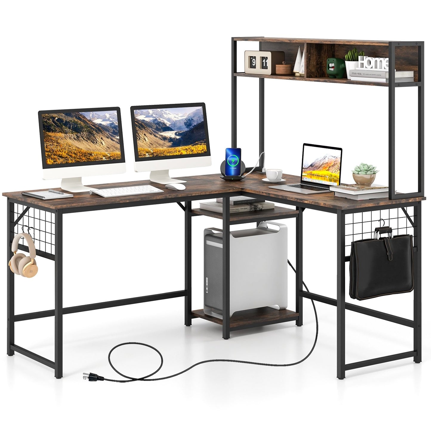 L-shaped Desk with Power Outlet Hutch, Rustic Brown L-Shaped Desks   at Gallery Canada