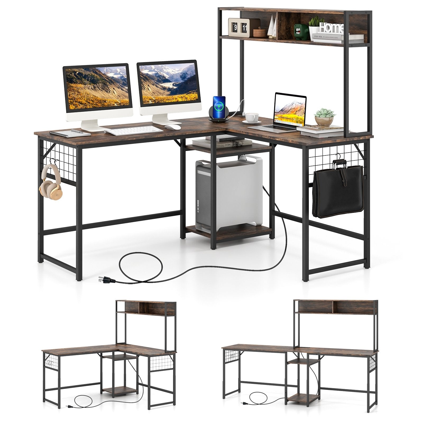 L-shaped Desk with Power Outlet Hutch, Rustic Brown L-Shaped Desks   at Gallery Canada