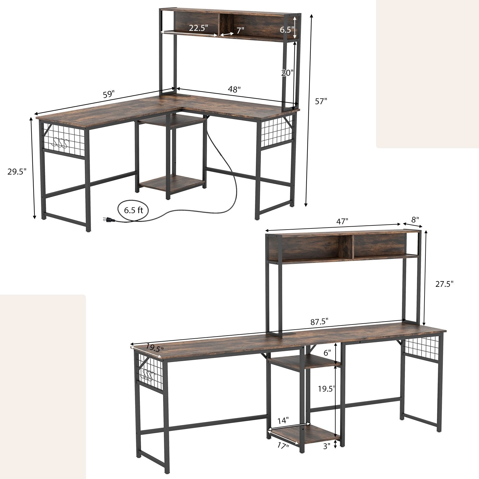 L-shaped Desk with Power Outlet Hutch, Rustic Brown L-Shaped Desks   at Gallery Canada