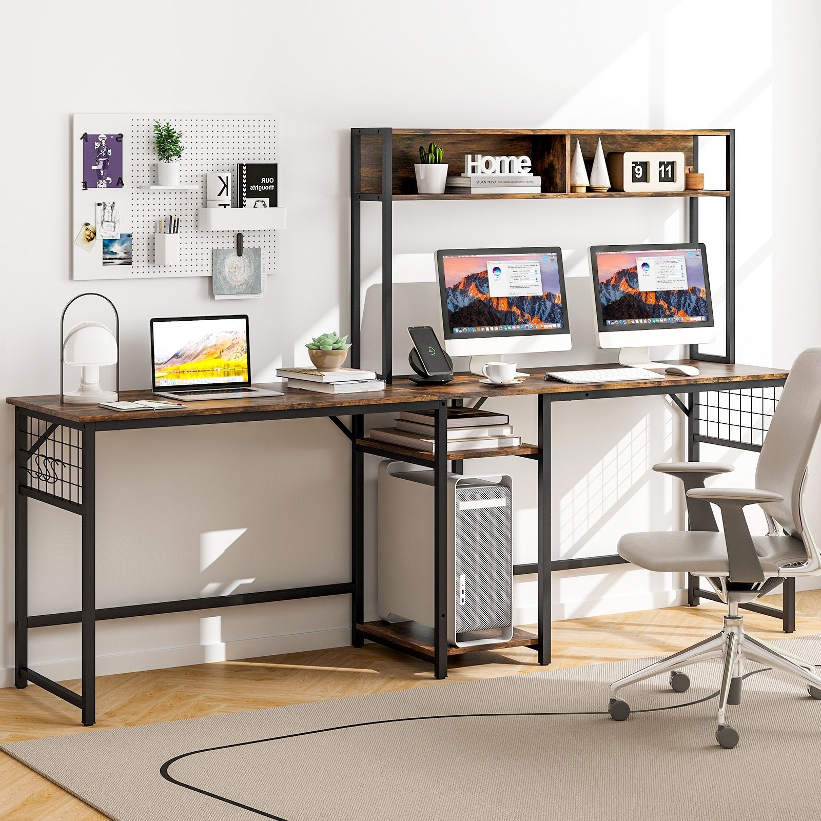 L-shaped Desk with Power Outlet Hutch, Rustic Brown L-Shaped Desks   at Gallery Canada