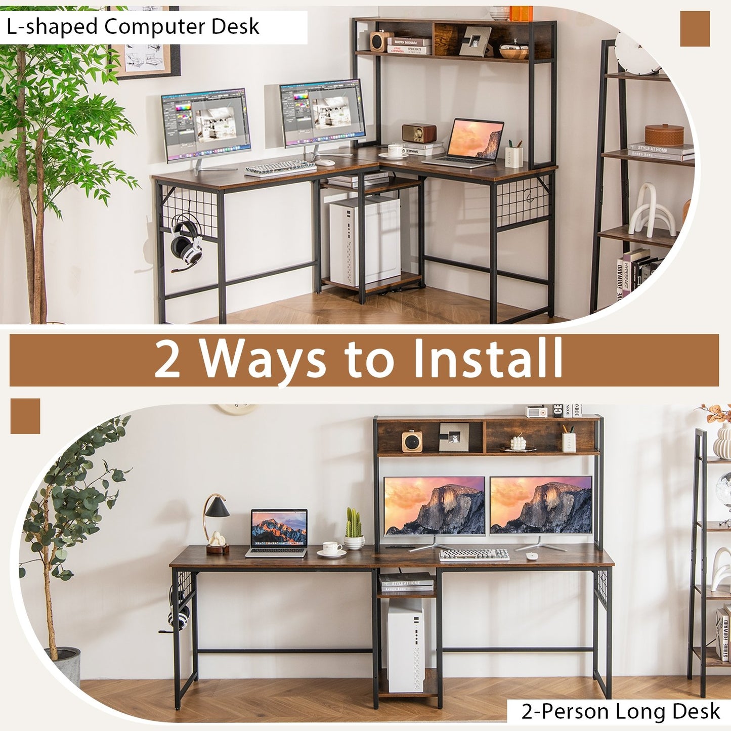 L-shaped Desk with Power Outlet Hutch, Rustic Brown L-Shaped Desks   at Gallery Canada