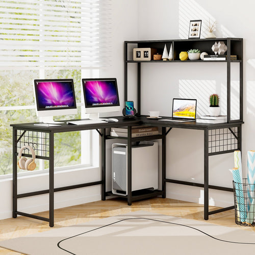 L-shaped Desk with Power Outlet Hutch, Black