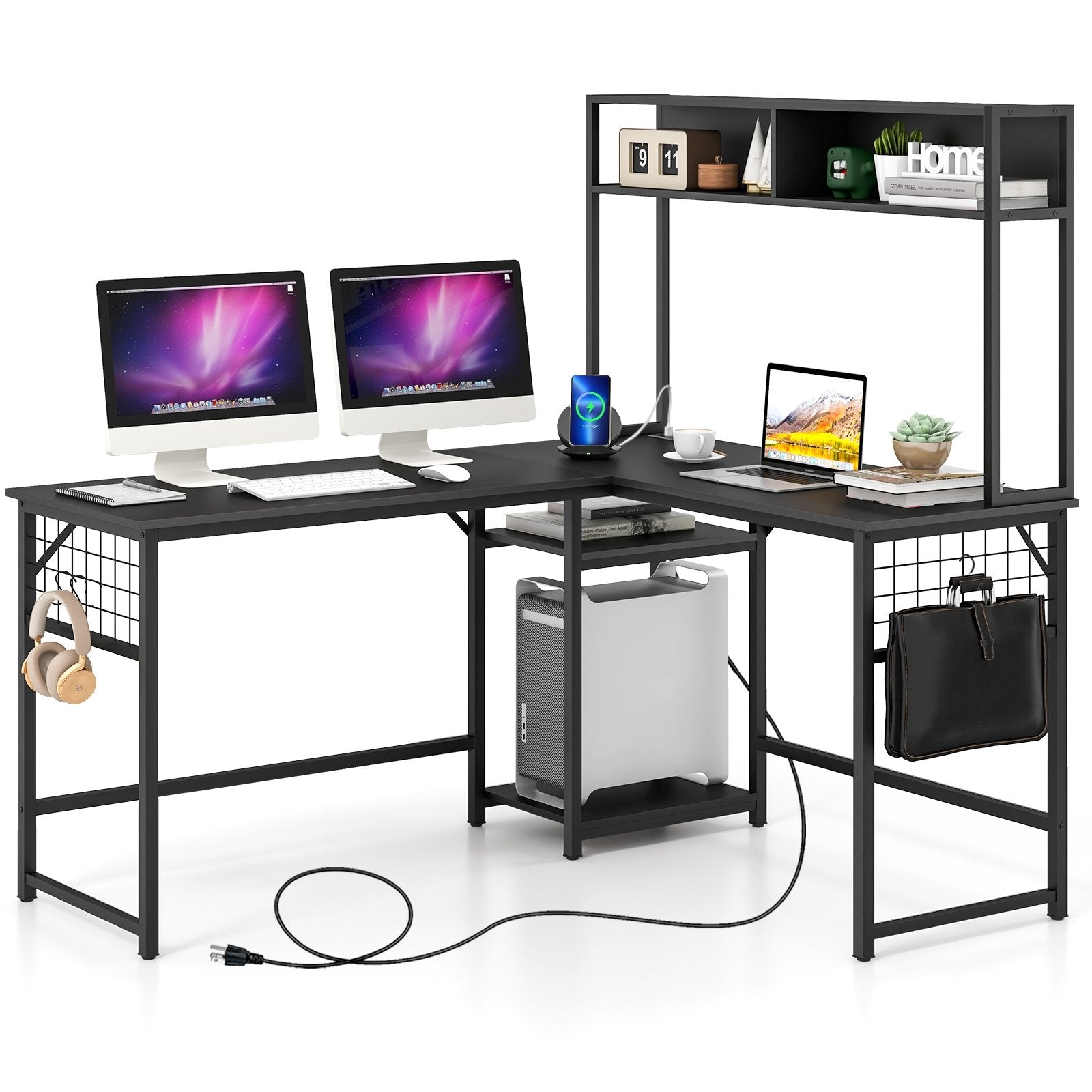 L-shaped Desk with Power Outlet Hutch, Black L-Shaped Desks   at Gallery Canada