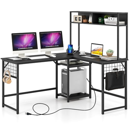 L-shaped Desk with Power Outlet Hutch, Black L-Shaped Desks   at Gallery Canada