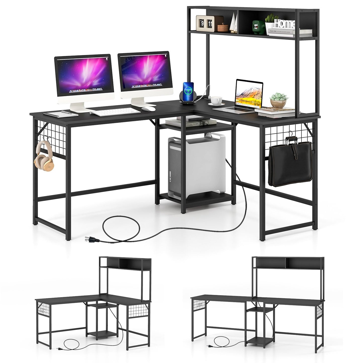 L-shaped Desk with Power Outlet Hutch, Black L-Shaped Desks   at Gallery Canada