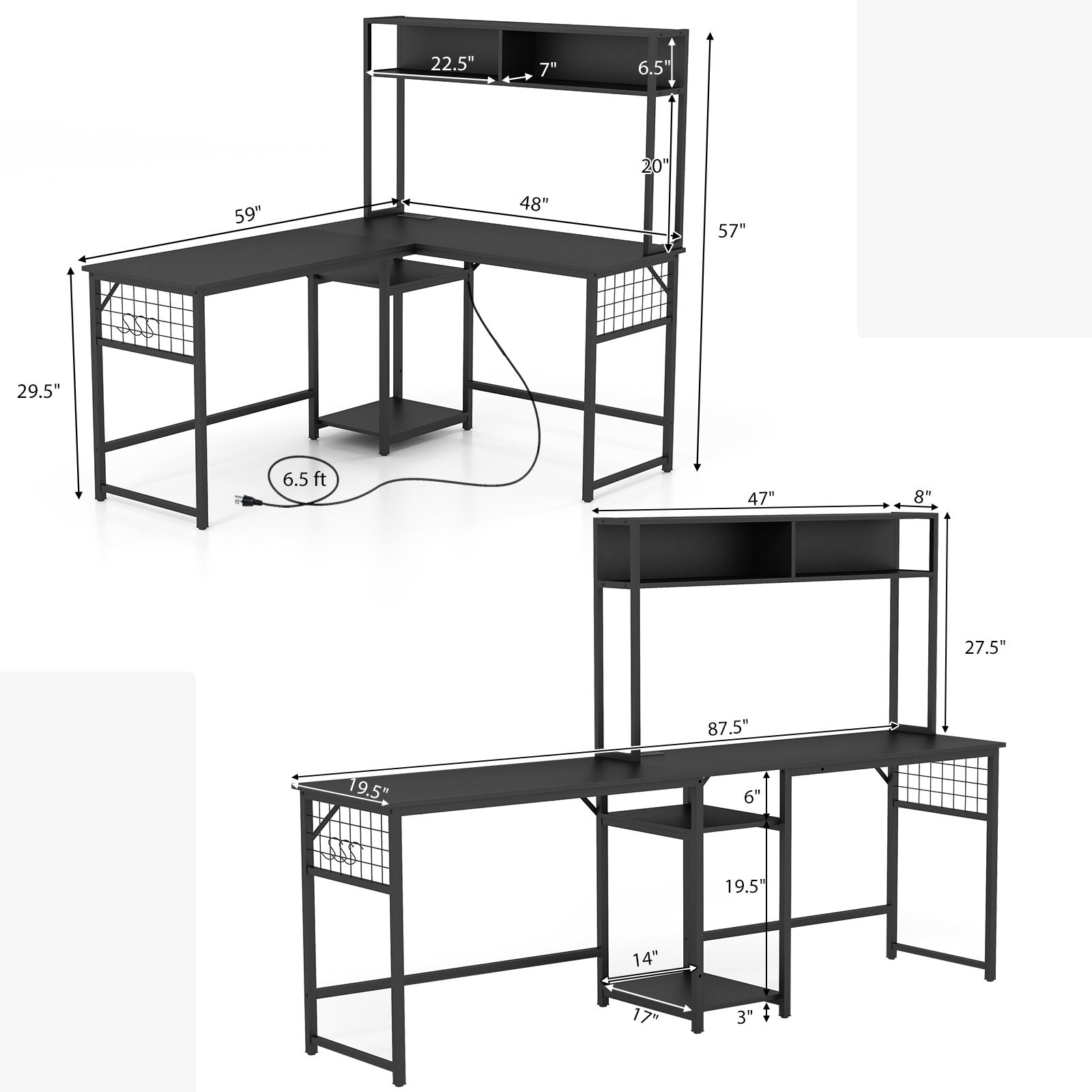 L-shaped Desk with Power Outlet Hutch, Black L-Shaped Desks   at Gallery Canada