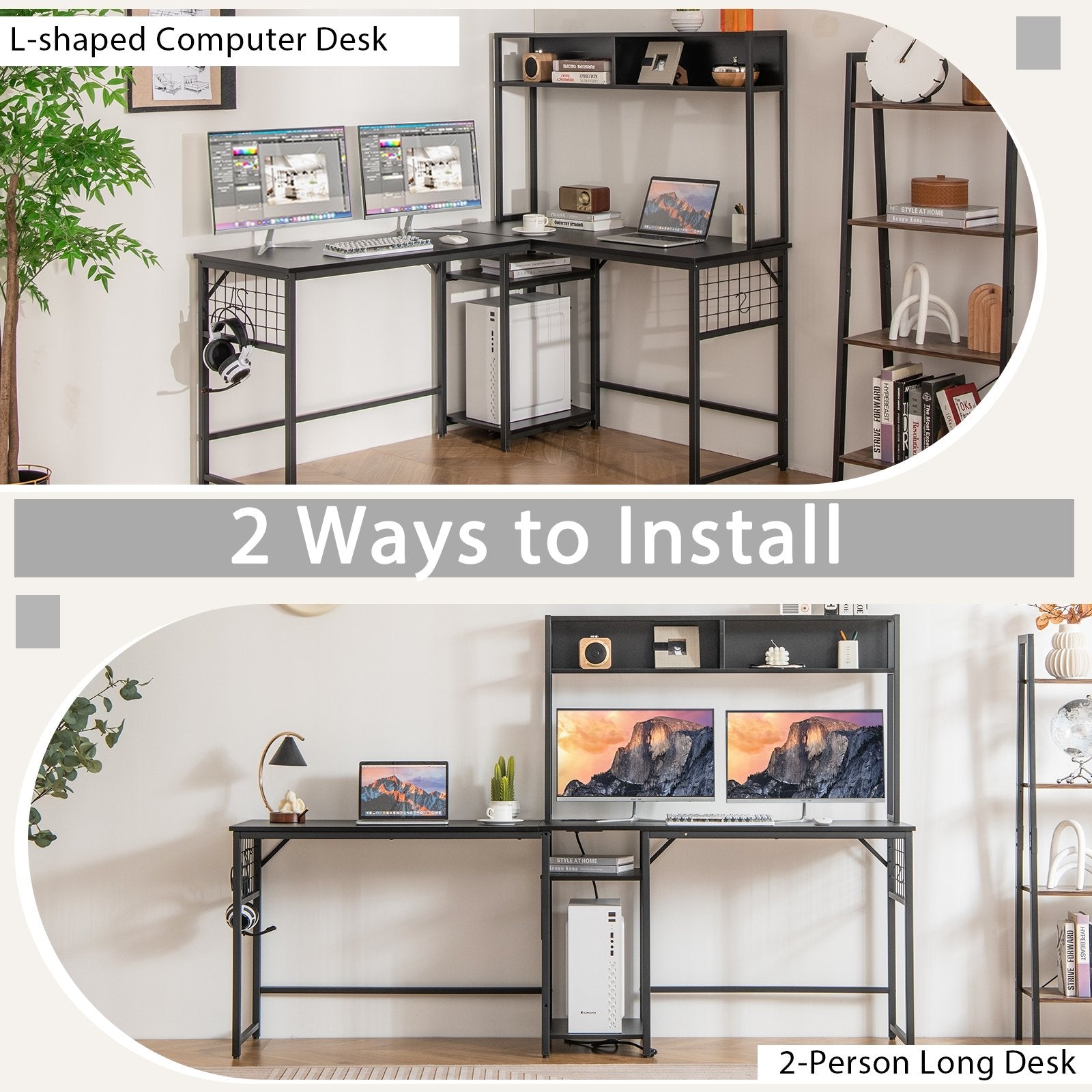 L-shaped Desk with Power Outlet Hutch, Black L-Shaped Desks   at Gallery Canada