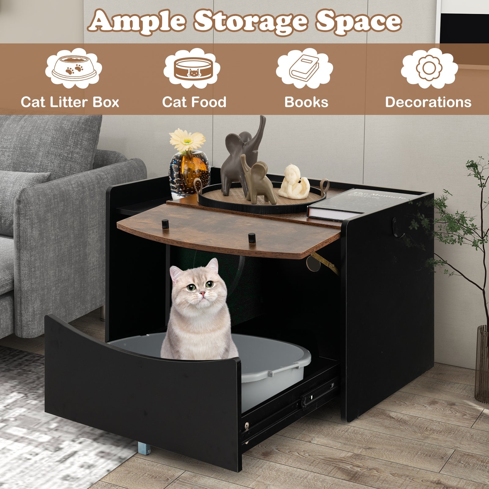 Cat Litter Box Enclosure with Pull-out Drawer, Black Cat Houses at Gallery Canada
