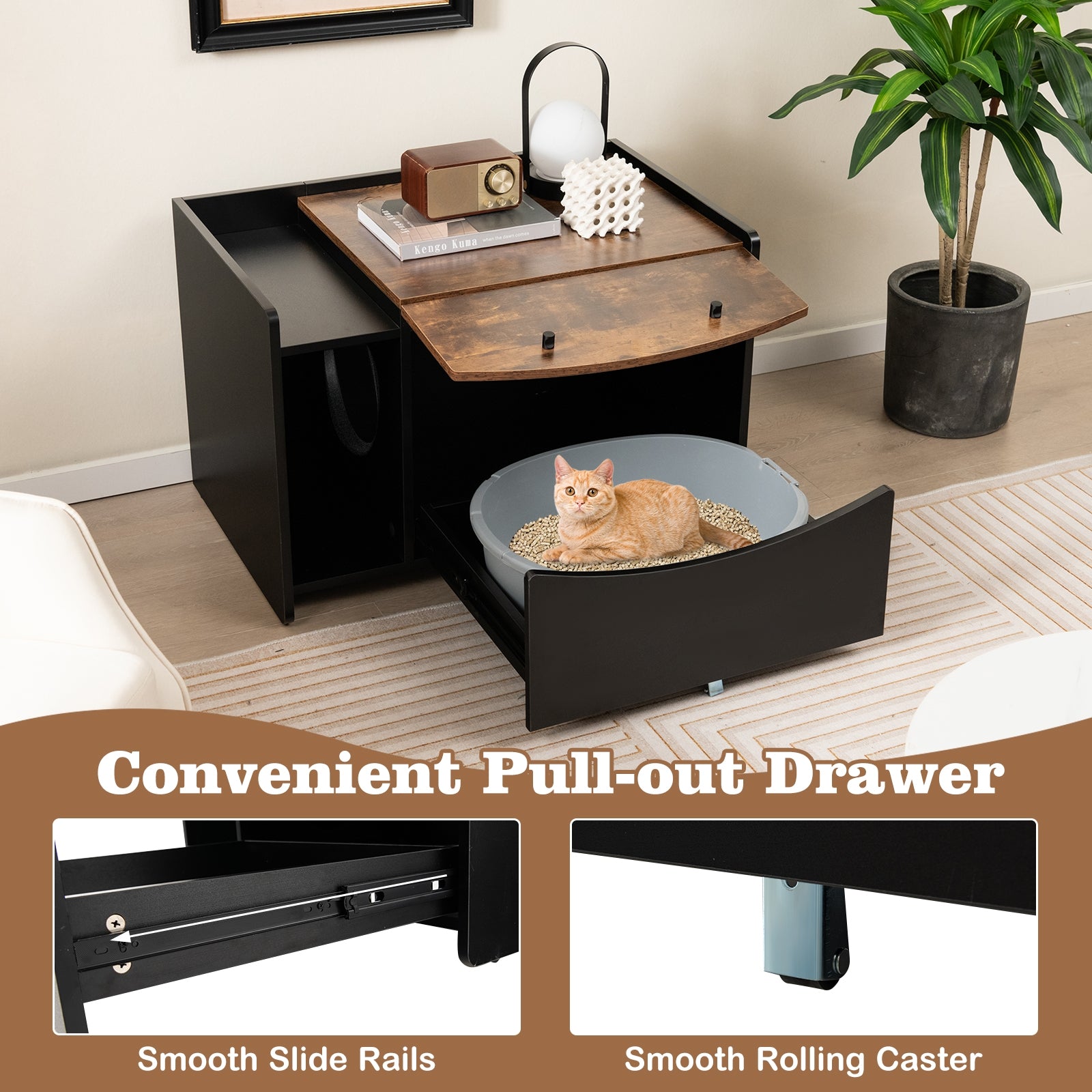 Cat Litter Box Enclosure with Pull-out Drawer, Black Cat Houses at Gallery Canada