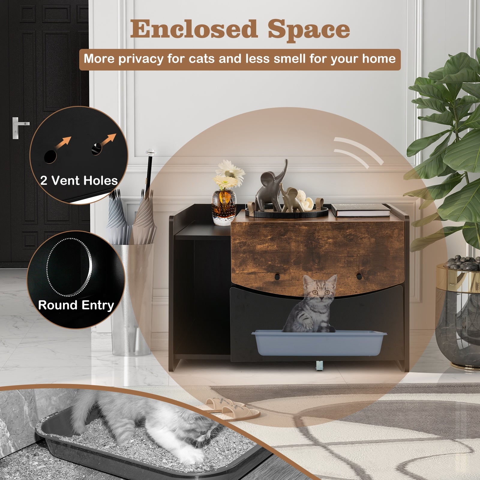 Cat Litter Box Enclosure with Pull-out Drawer, Black Cat Houses at Gallery Canada