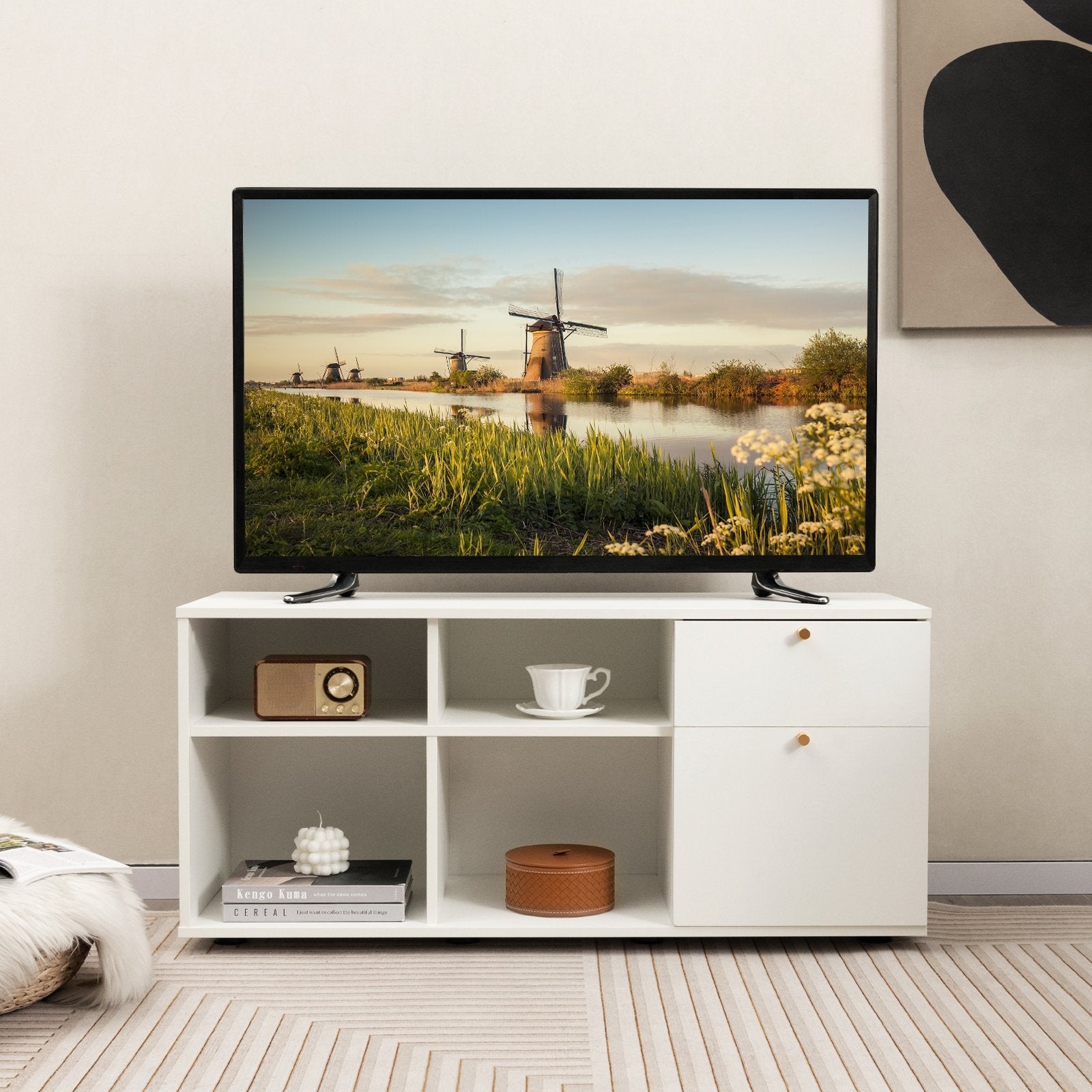 Storage Cabinet TV Console Cabinet with 2 Drawers and 4 Cubes for Entryway, White Entertainment Centers & TV Stands   at Gallery Canada