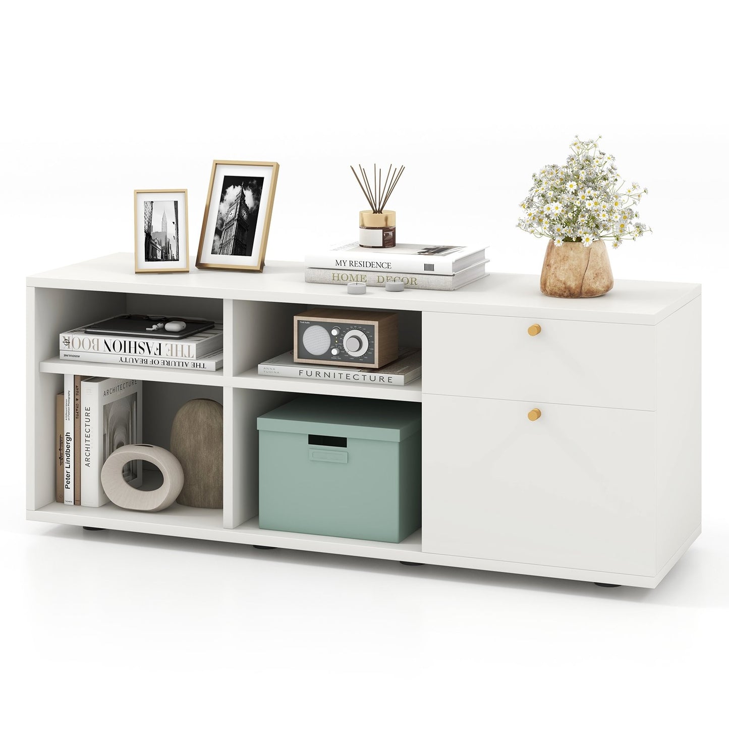 Storage Cabinet TV Console Cabinet with 2 Drawers and 4 Cubes for Entryway, White Entertainment Centers & TV Stands   at Gallery Canada