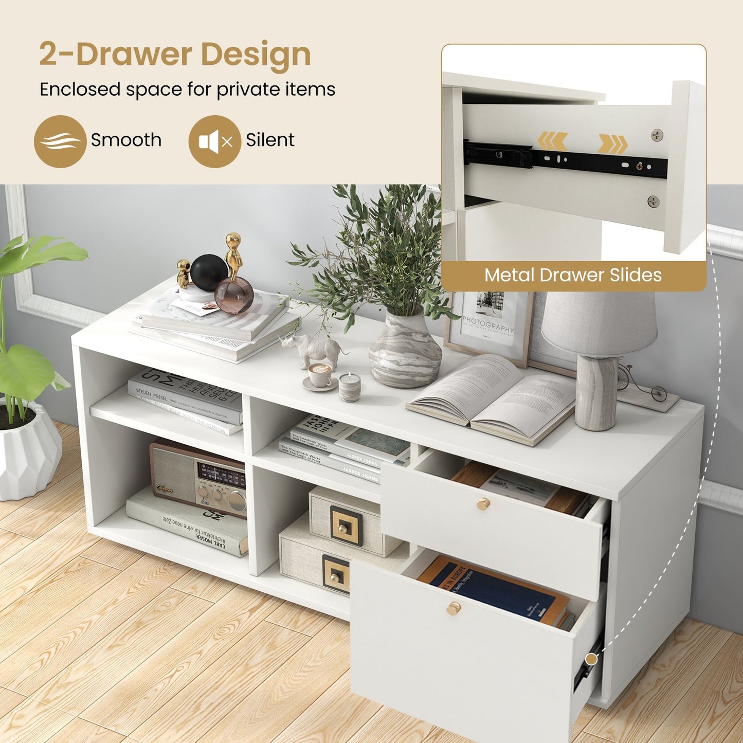 Storage Cabinet TV Console Cabinet with 2 Drawers and 4 Cubes for Entryway, White Entertainment Centers & TV Stands   at Gallery Canada