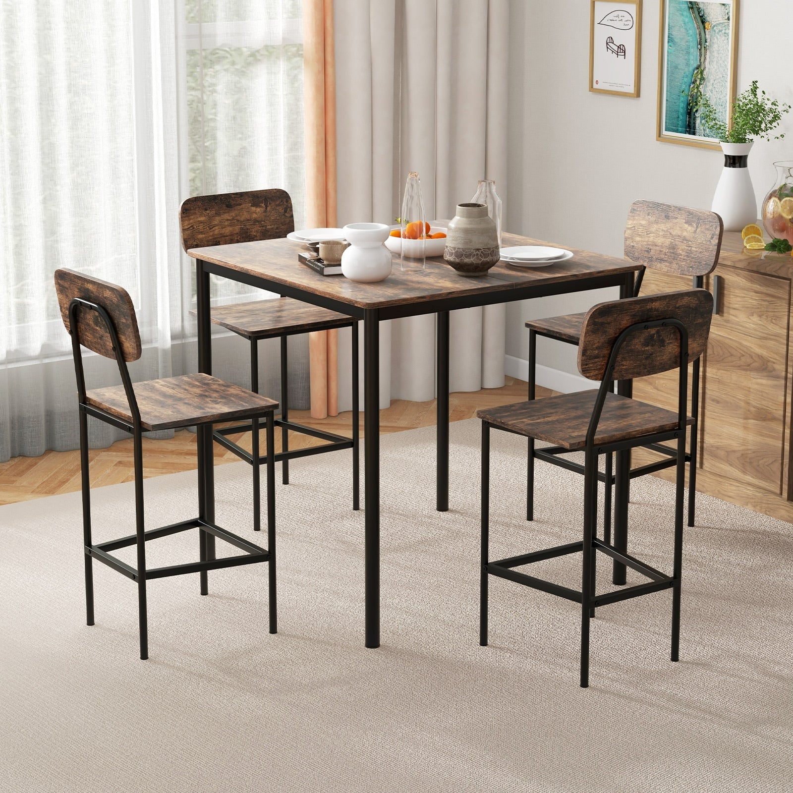5 Pieces Industrial Dining Table Set with Counter Height Table and 4 Bar Stools, Coffee Dining Room Sets at Gallery Canada