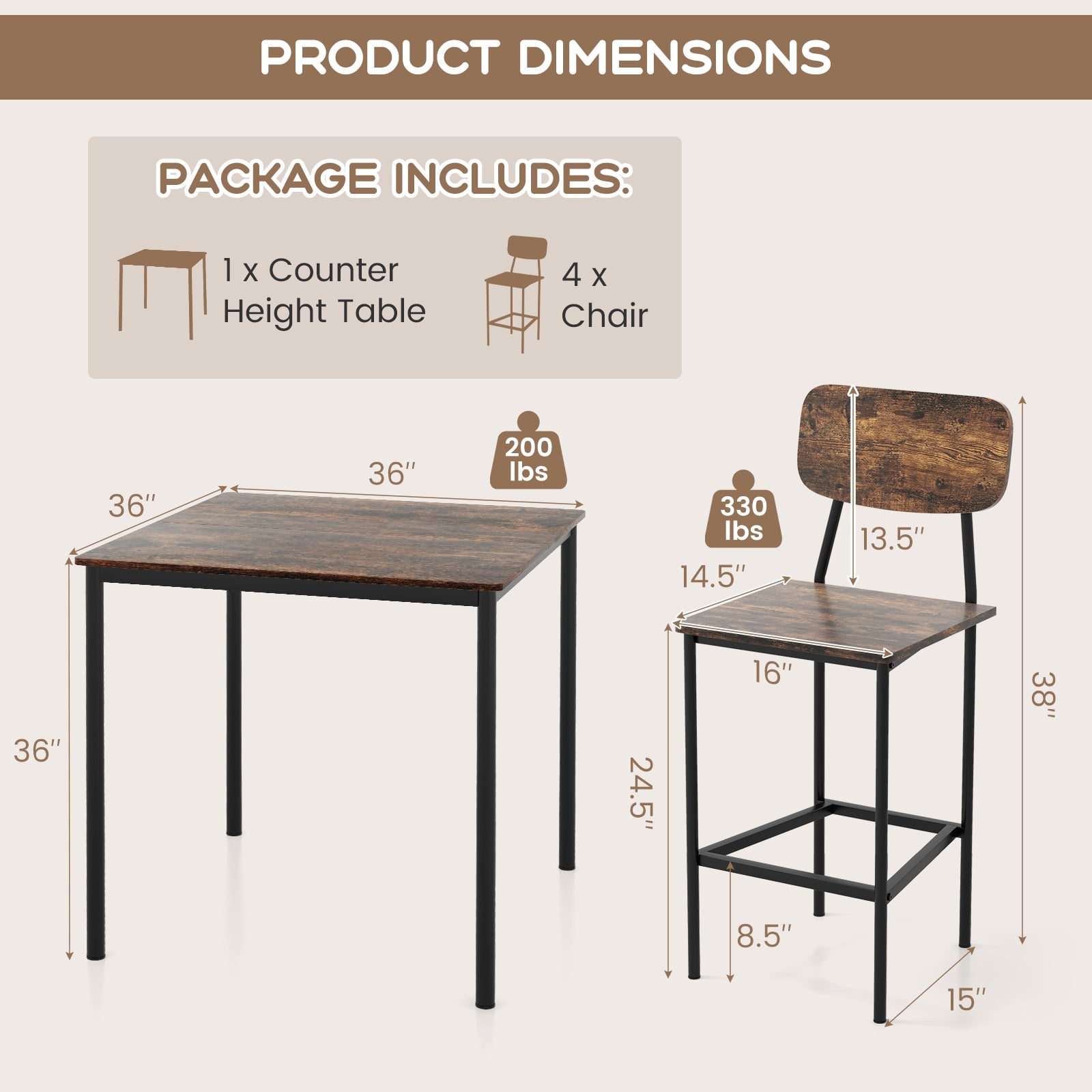 5 Pieces Industrial Dining Table Set with Counter Height Table and 4 Bar Stools, Coffee Dining Room Sets at Gallery Canada