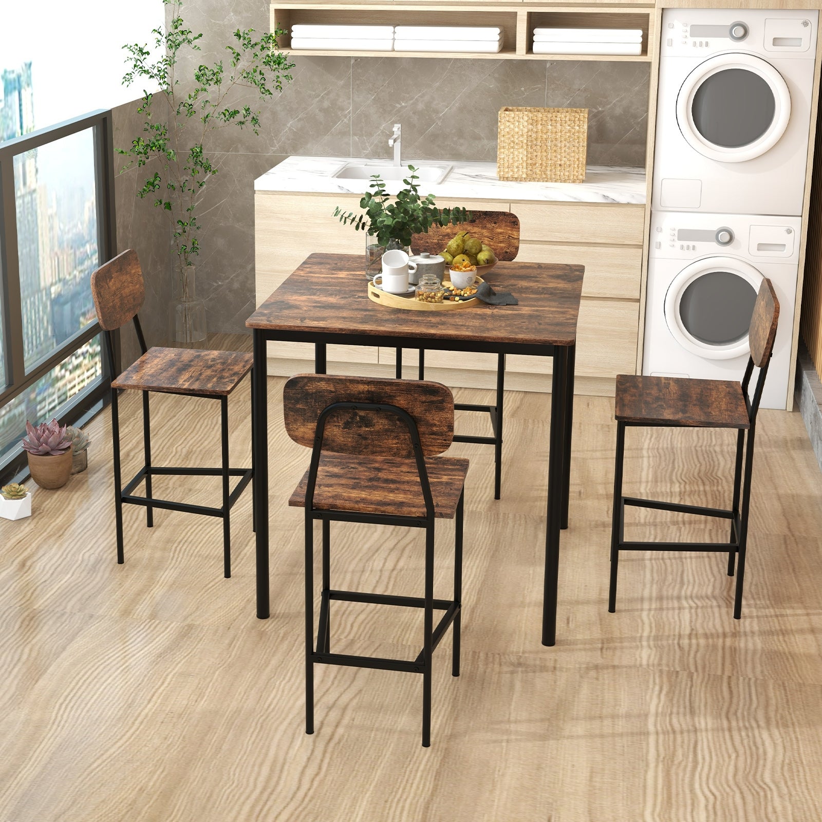 5 Pieces Industrial Dining Table Set with Counter Height Table and 4 Bar Stools, Coffee Dining Room Sets at Gallery Canada