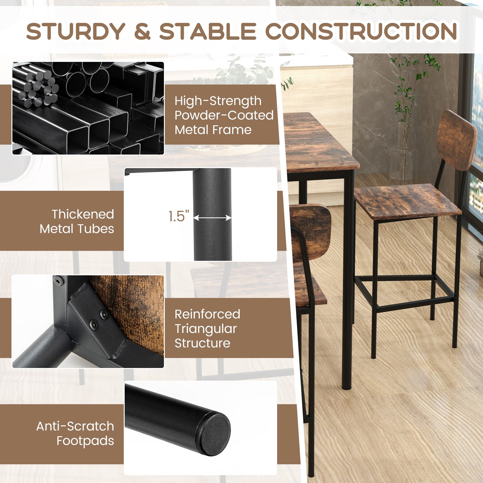 5 Pieces Industrial Dining Table Set with Counter Height Table and 4 Bar Stools, Coffee Dining Room Sets at Gallery Canada
