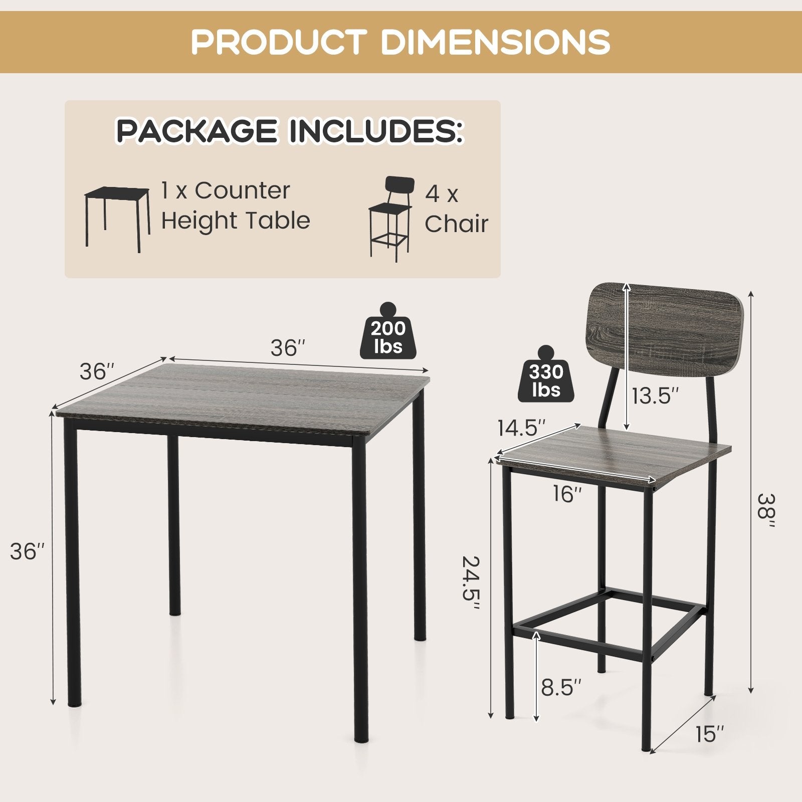 5-Piece Counter-Height Dining Bar Table Set with 4 Bar Chairs, Gray Dining Room Sets   at Gallery Canada