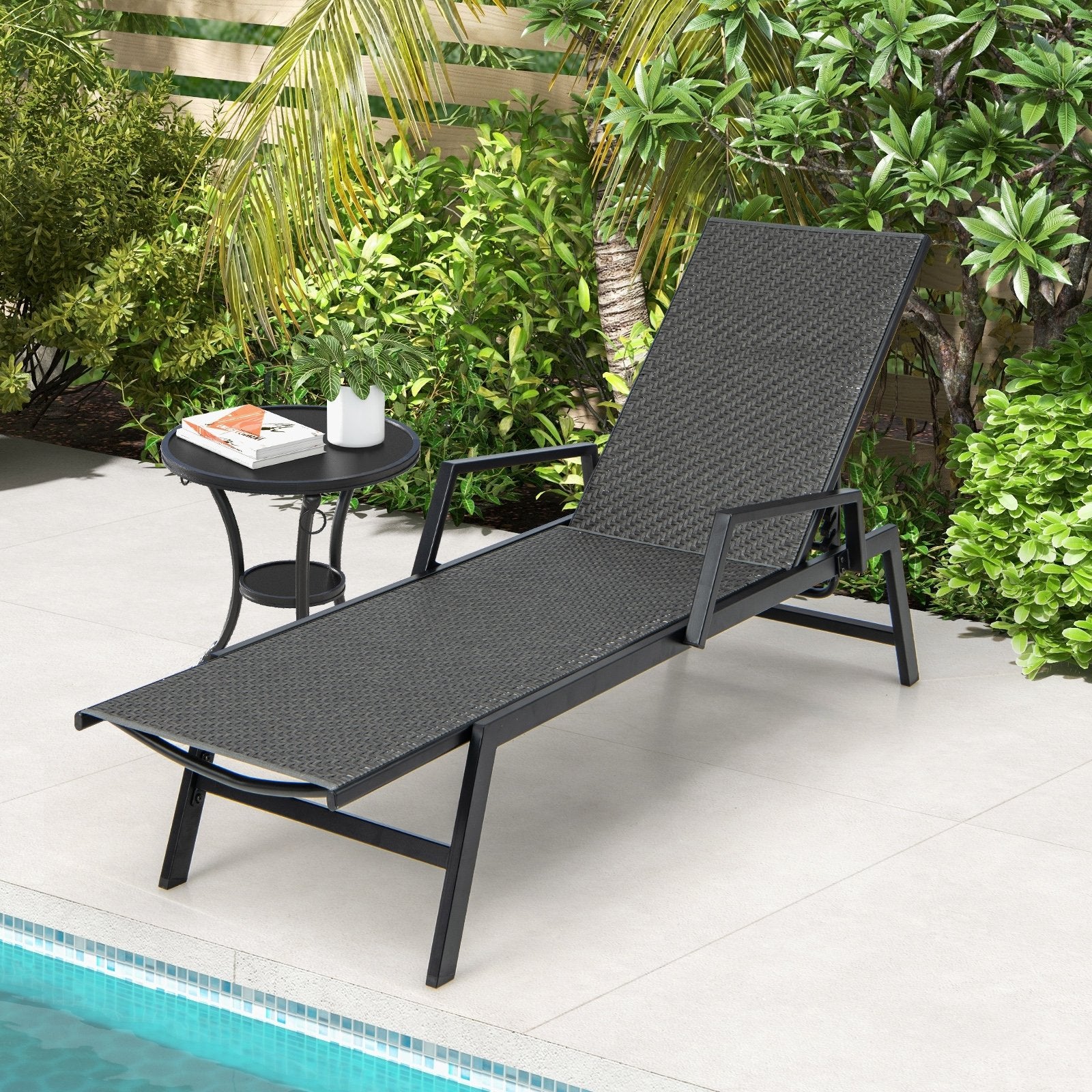 Outdoor Rattan Chaise Lounge Reclining Chair with Armrests and 5-Position Backrest, Brown Outdoor Chaise Lounges   at Gallery Canada