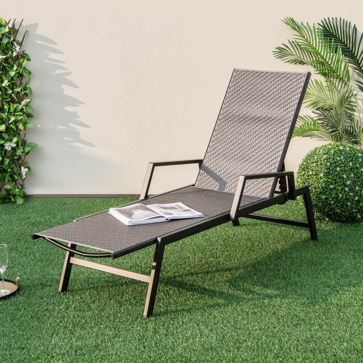 Outdoor Rattan Chaise Lounge Reclining Chair with Armrests and 5-Position Backrest, Brown Outdoor Chaise Lounges   at Gallery Canada